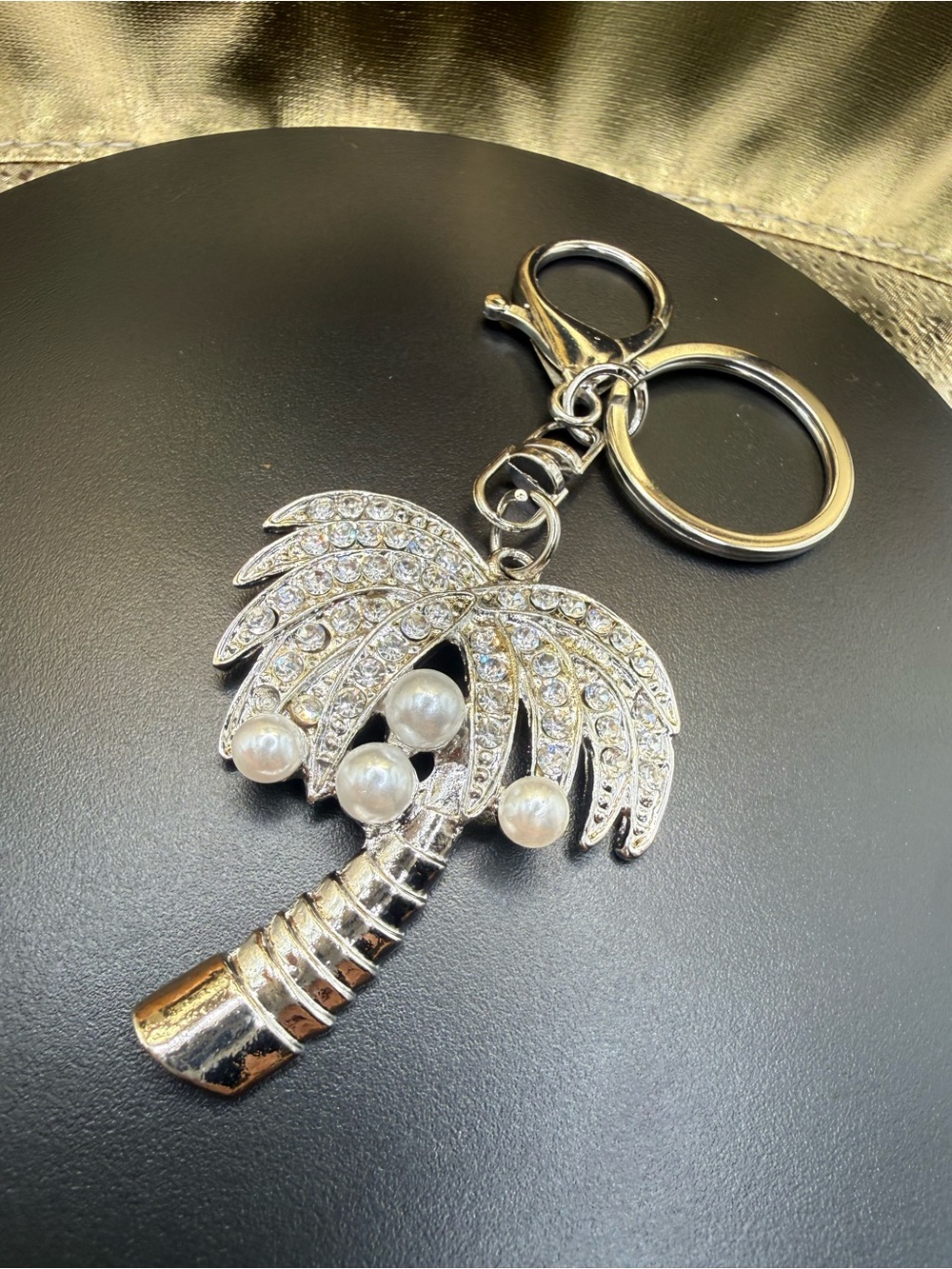 Crystal Palm Tree Keychain with Pearled Accents - Silver